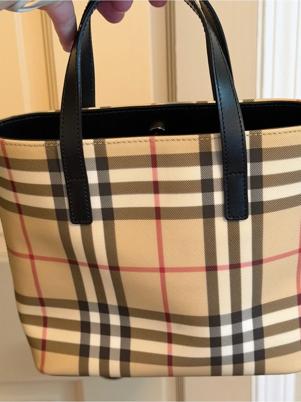 Burberry Beige Mini Tote with Black Handles and Red Accents